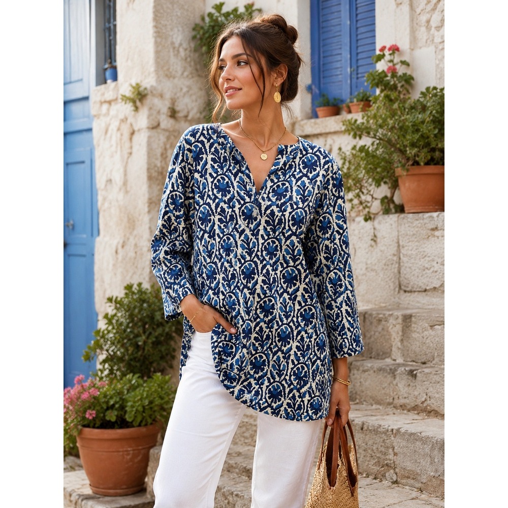 Dolma Fine Cotton Long Tunic Blue White Split V-Neck Size S Boho Beach Airy